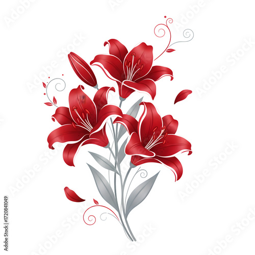 A elegant and stylized vector illustration of red lilies with gray leaves and decorative swirling vines on a light gray background.