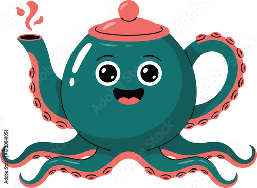 Octopus teapot with steam rising from its spout. It exudes playfulness and creativity.