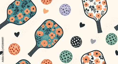 A charming floral pattern featuring pickleball paddles and balls with hearts.