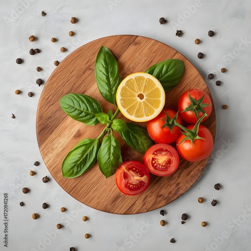 Rustic wooden cutting board with fresh tomatoes, basil leaves, and half lemon arranged on textured gray surface, perfect for food photography, cooking concepts, and healthy lifestyle design visuals