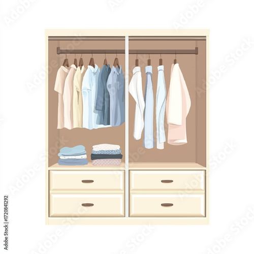  Closet with hanging clothes and folded items