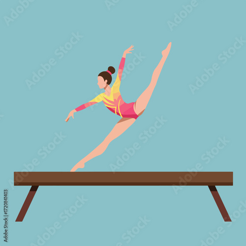 Minimalist Vector Illustration of Female Gymnast Performing Split on Balance Beam in Modern Style with Bright Pink Yellow and Blue Colors