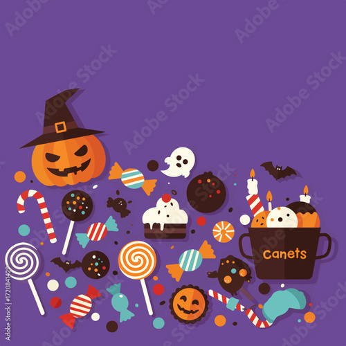 Halloween Vector Pattern with Jack O Lantern Witch Hat Candies and Bats in Modern Playful Style