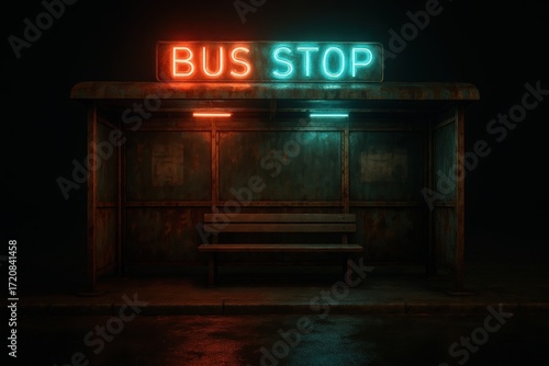 Illuminated Bus Stop sign glows at night, casting an atmospheric light on a weathered shelter. Explore the quiet anticipation and urban environment.