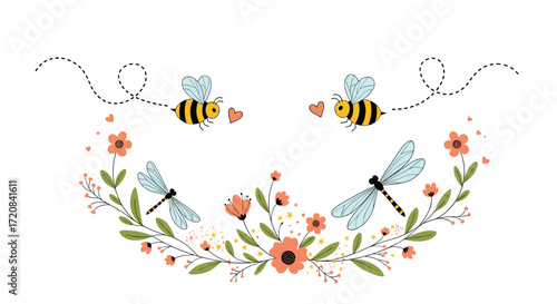 A delightful summer meadow adorned with buzzing bees and delicate dragonflies amongst blooming wildflowers.