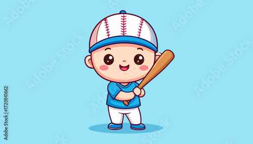 Cute Cartoon Baseball Player Holding Bat Against Blue Background