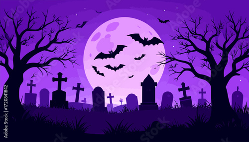 Spooky Cemetery Silhouette A Dark Halloween Night with Bats and Moon