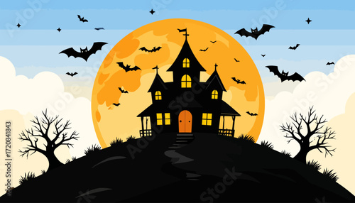 Spooky Haunted House Silhouette Against a Full Moon with Bats Flying in the Night Sky for Halloween