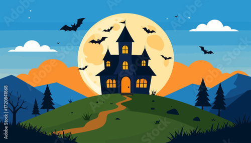 Spooky Halloween Night Scene A Haunted House Silhouette Under a Full Moon with Bats Flying