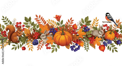 A charming autumn scene with forest creatures and seasonal foliage.