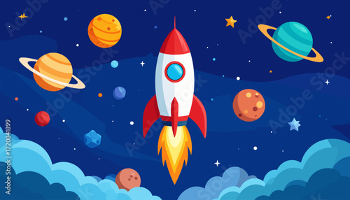Cartoon rocket ship soaring through space surrounded by planets and stars, a colorful illustration