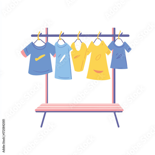 Clothes hanging on rack with bench underneath