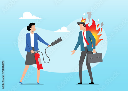 A businesswoman, holding a red fire extinguisher