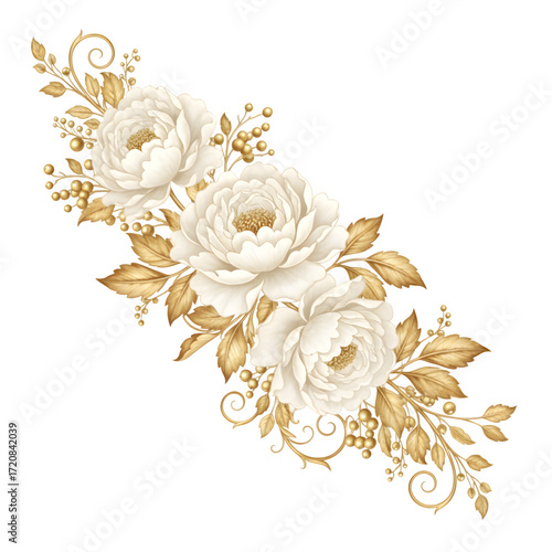 An elegant, diagonal floral arrangement of three off-white peonies with intricate gold leaves and decorative berry clusters