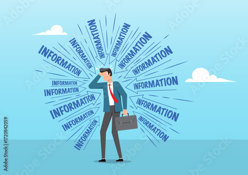 a distressed businessman,clutches his forehead as he is bombarded from all directions