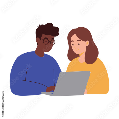 Vector art of two people looking at a laptop computer