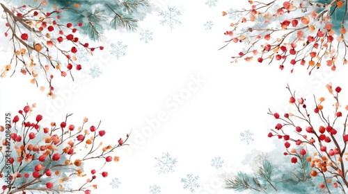 Intricate botanical design showcases clusters of red and orange berries surrounded by soft green leaves and gentle snowflakes, capturing the essence of winters beauty.