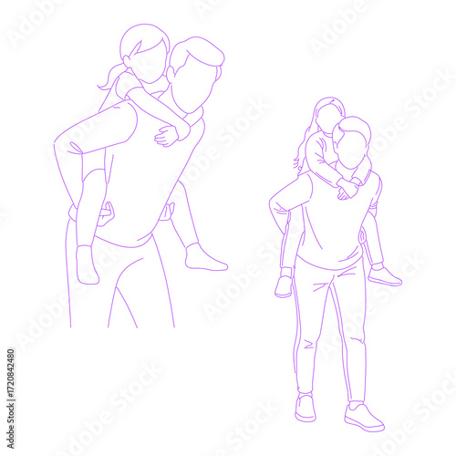 Line art illustration of a person carrying a child on their back