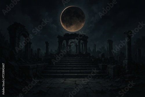 An ancient temple, bathed in the eerie glow of a celestial event, evoking a sense of mystery and history. Its weathered architecture stands as a silent witness to the passage of time.