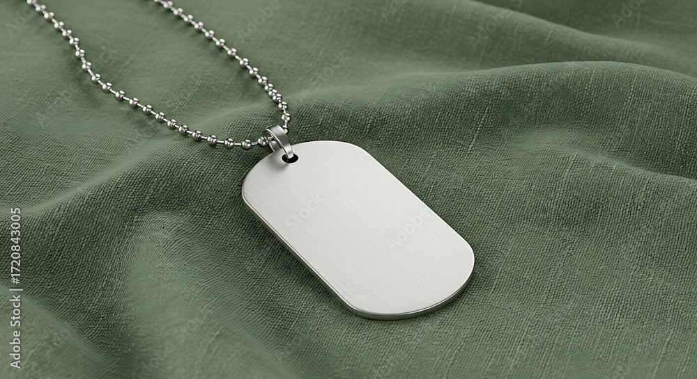 Fototapeta premium A blank, brushed-metal dog tag on a silver ball chain necklace