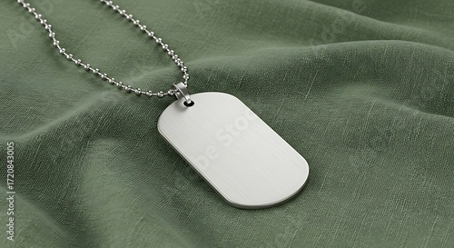 A blank, brushed-metal dog tag on a silver ball chain necklace