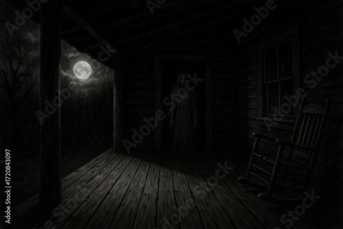 A chilling monochrome scene unfolds under the eerie glow of the moon, as a mysterious figure stands silhouetted in the doorway of a weathered cabin.
