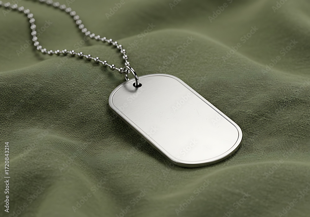 Fototapeta premium A blank, brushed-metal dog tag on a silver ball chain necklace