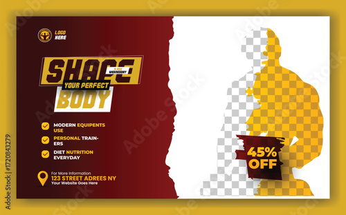 Fitness gym social media post banner template with black and yellow color. Grunge brush stroke effect Workout fitness and Sports social media post banner 