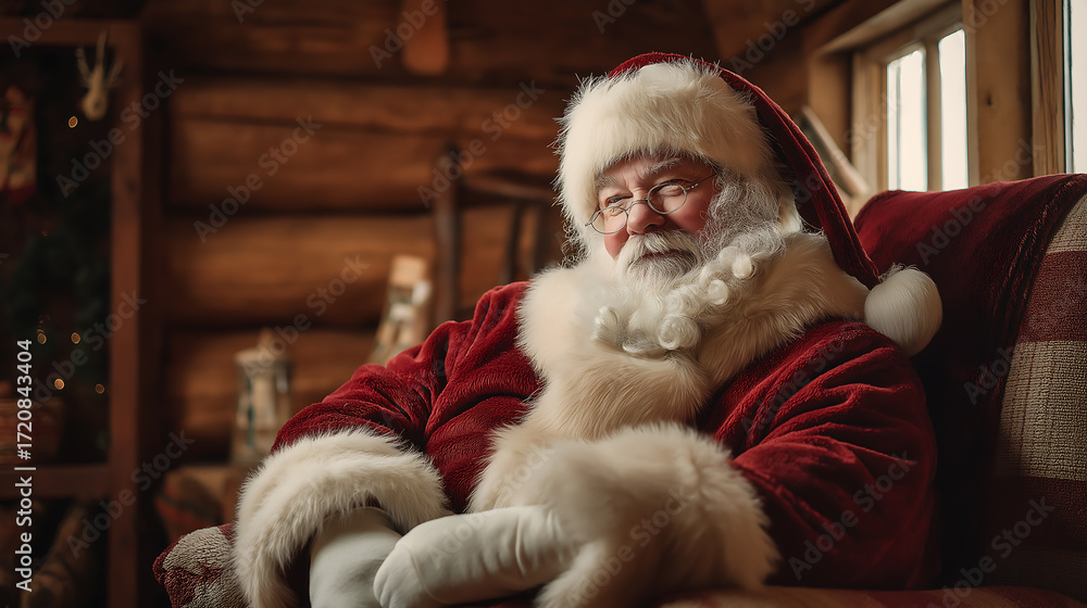 Obraz premium Santa claus relaxing in cozy cabin christmas holiday season portrait