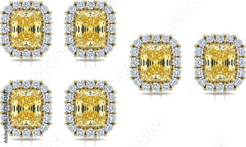 it shows multiple pairs of earrings featuring rectangular yellow gemstones surrounded by a halo of clear white stones