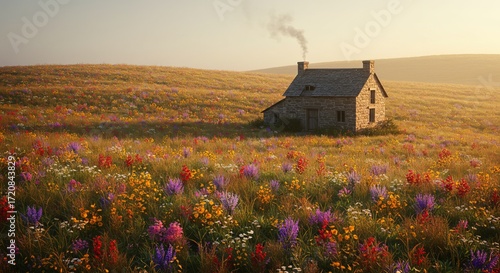 Fototapeta Naklejka Na Ścianę i Meble -  Escape to a dreamy wildflower meadow with charming cottage at golden hour light