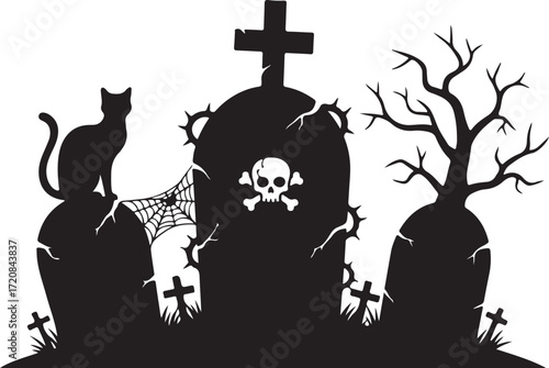 Halloween Graveyard Silhouette Tombstone & Black Cat Design