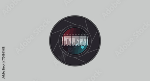 A sleek flat design illustration of a camera lens, representing cinematography and the technical artistry of filmmaking at the Vancouver International Film Festival. 