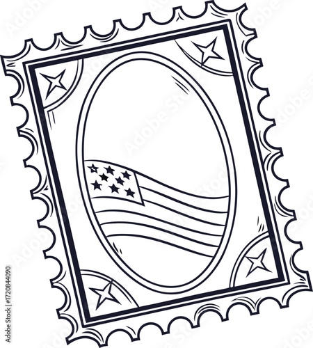 Decorative oval blank postage stamp border outline icon with vintage perforated edges.