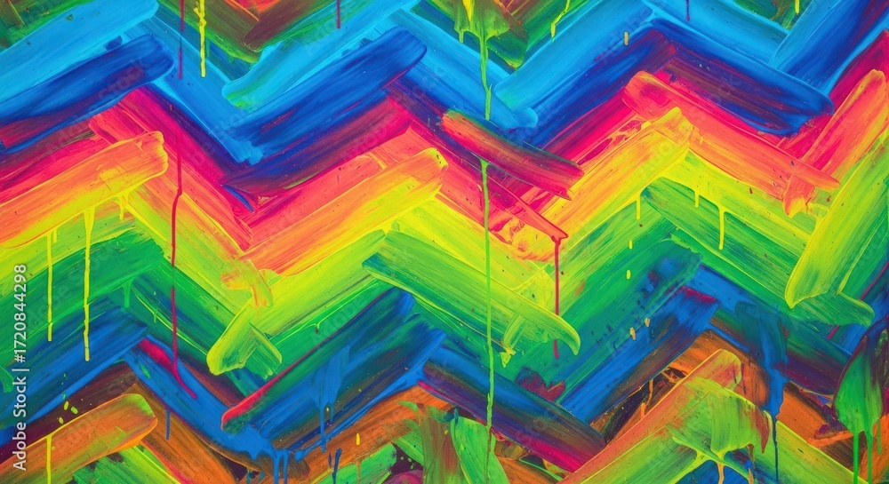 Fototapeta premium A vibrant and energetic abstract painting featuring a bold chevron pattern in a full spectrum of rainbow colors, with drips of paint adding a dynamic texture.