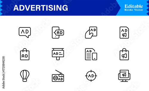 Professional Advertising Line Icon Set with Modern Minimal Design, Unique Marketing Symbols, and Clean Vector Style for Premium Digital Use