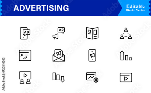 Professional Advertising Line Icon Set with Modern Minimal Design, Unique Marketing Symbols, and Clean Vector Style for Premium Digital Use