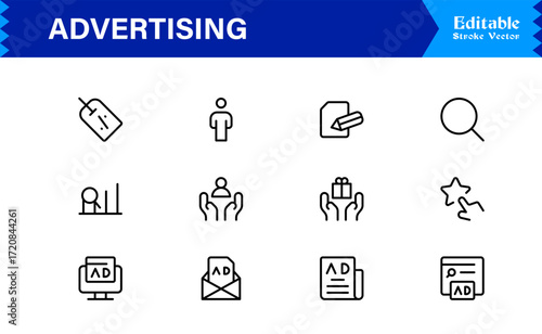 Professional Advertising Line Icon Set with Modern Minimal Design, Unique Marketing Symbols, and Clean Vector Style for Premium Digital Use