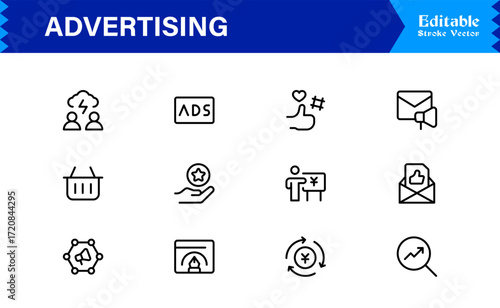 Professional Advertising Line Icon Set with Modern Minimal Design, Unique Marketing Symbols, and Clean Vector Style for Premium Digital Use