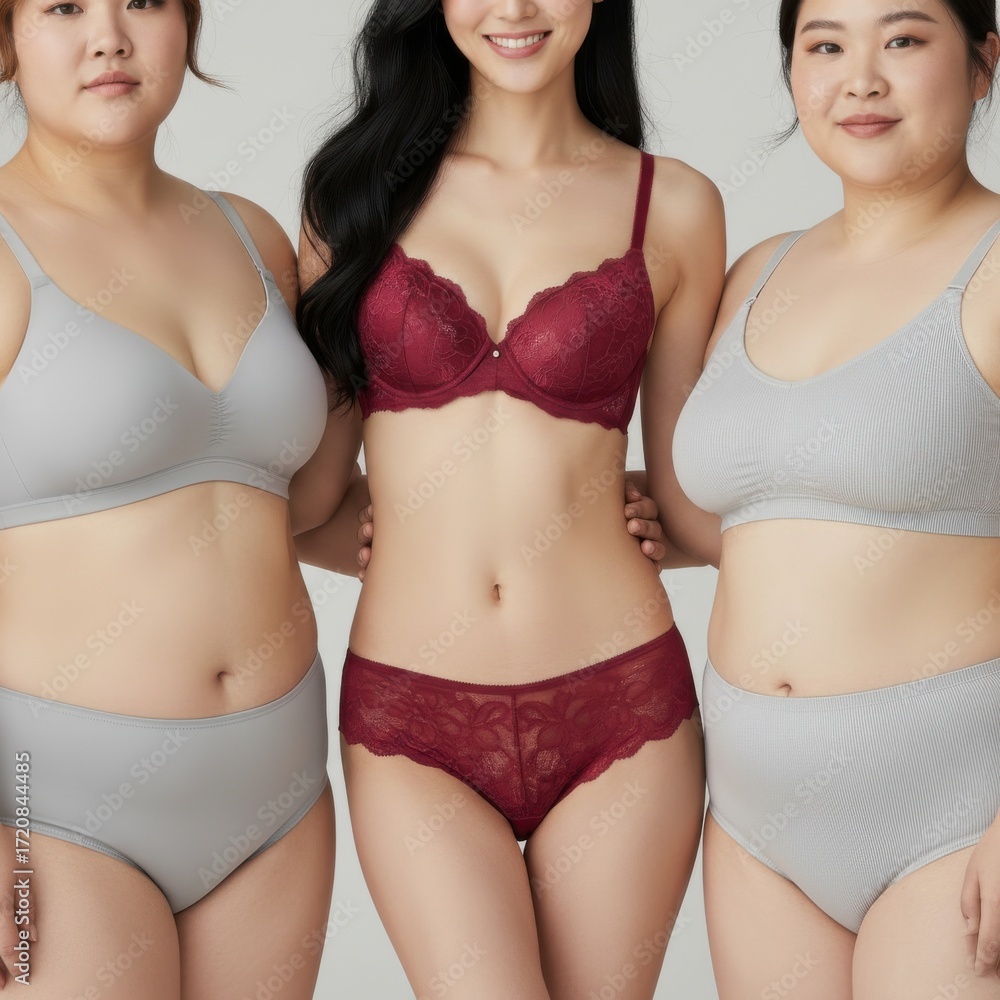 custom made wallpaper toronto digitalThree Women in Grey and Burgundy Lingerie Against a Neutral Background