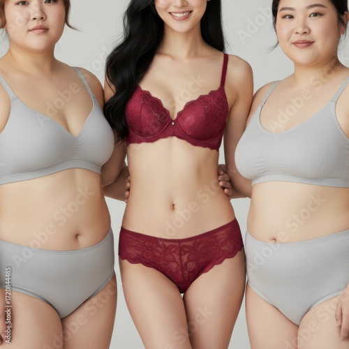 Wallpaper Mural Three Women in Grey and Burgundy Lingerie Against a Neutral Background Torontodigital.ca