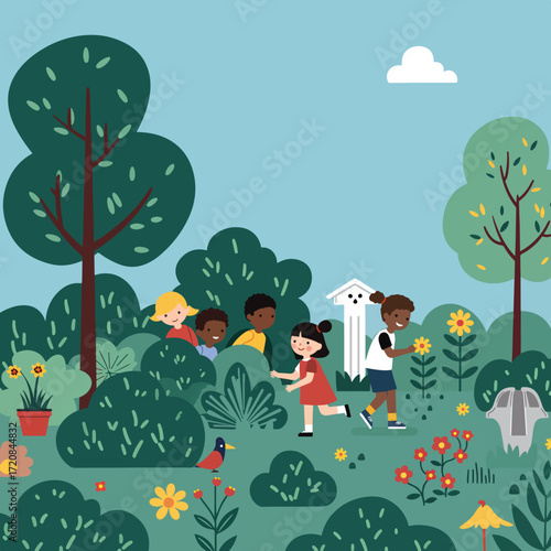 Children Playing Nature Scene Vector Illustration for Kids Education and Environmental Awareness in Flat Modern Style with Bright Colors