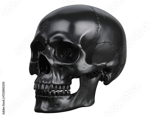 A detailed black skull sculpture showcasing intricate features and smooth surfaces against a plain backdrop.