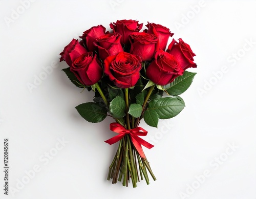 A bouquet of a dozen red roses tied with a red ribbon, presented against a plain white background.