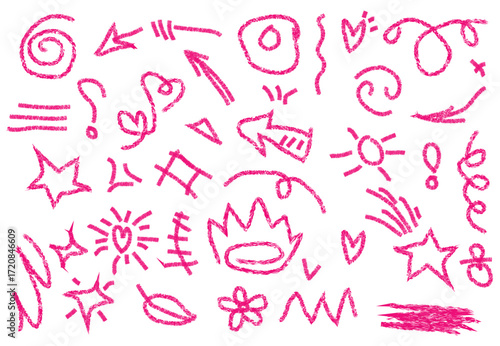 Collection of Hand Drawn Pink Scribble Elements Arrows Stars Hearts and Shapes on White Background