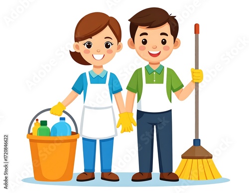 Two friendly, cartoon-style characters, dressed in cleaning uniforms, stand ready for work, holding cleaning supplies.