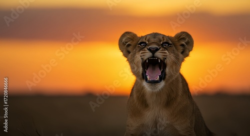 Lion cub roaring at sunset