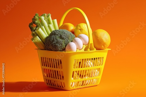 Fresh vegetables and eggs in a yellow shopping basket on a vibrant orange background
