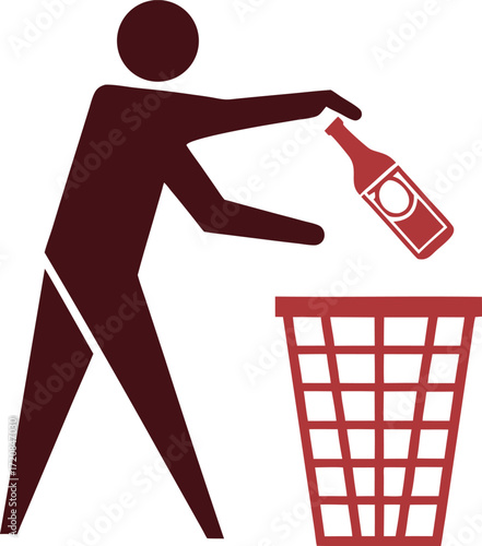 Flat vector icon of person throwing bottle into waste basket.