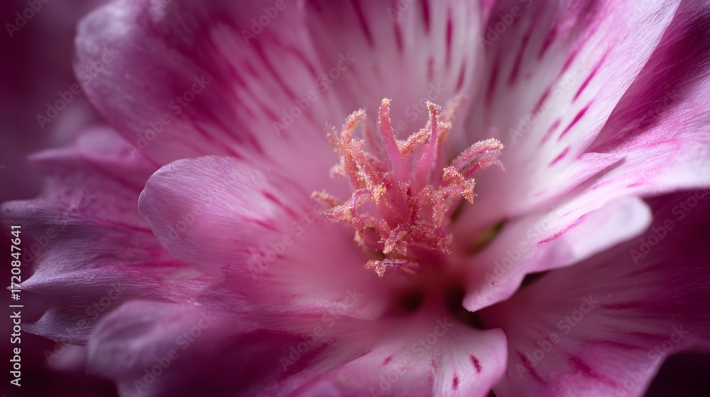 Obraz premium Detailed ro shot of a vibrant pink flower highlighting its intricate petals and central reproductive organs